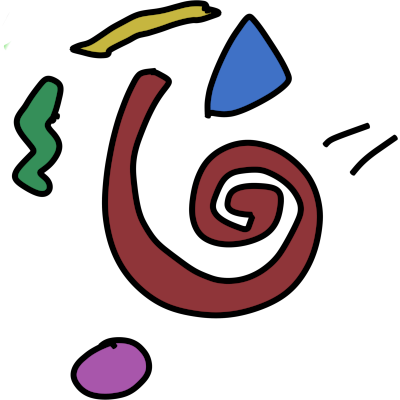 a bunch of shapes in various colors, including squiggles and a spiral